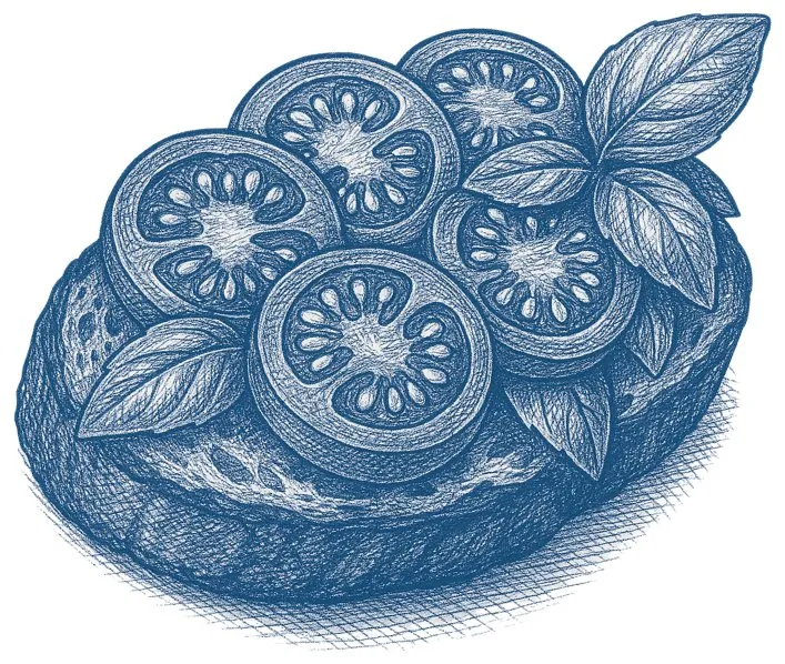 Zeichnung einer Bruschetta mit Tomaten und Basilikum