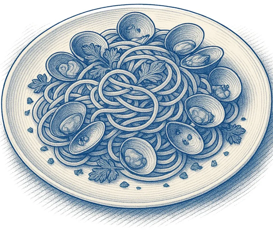 Zeichnung eines Tellers Spaghetti mit Venusmuscheln